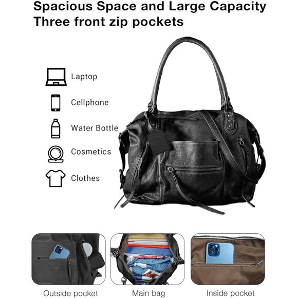 Elegant Vegan Leather Large Tote Bag with Zipper & Adjustable Strap - 16''x6.5'' - Picture 4 of 6